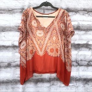 Anthropologie Boho Paisley V-Neck Blouse in Rust and Cream